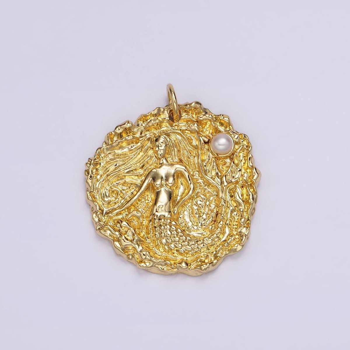 14K Gold Filled Mermaid Ocean Sea Pearl Hammered Round Charm in Silver & Gold | AG152 AG153