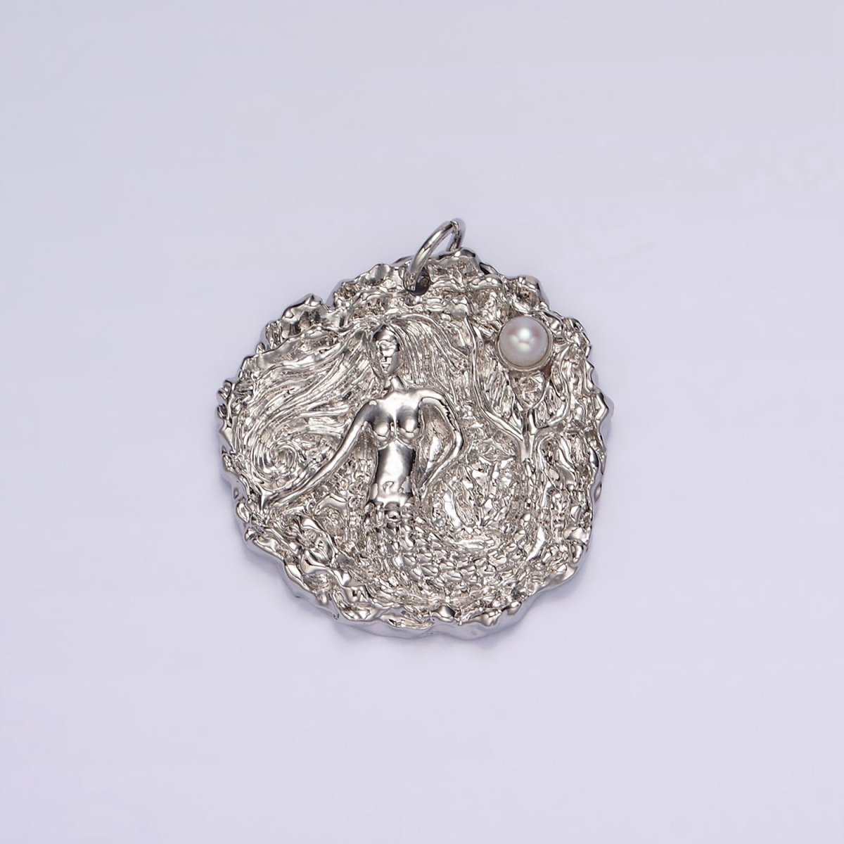 14K Gold Filled Mermaid Ocean Sea Pearl Hammered Round Charm in Silver & Gold | AG152 AG153