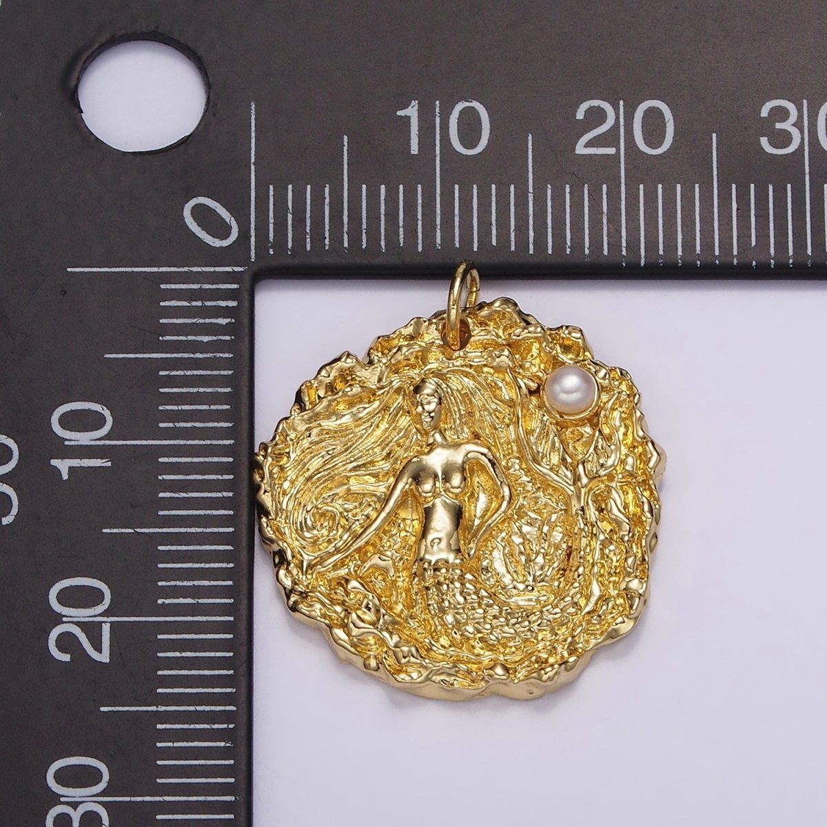14K Gold Filled Mermaid Ocean Sea Pearl Hammered Round Charm in Silver & Gold | AG152 AG153
