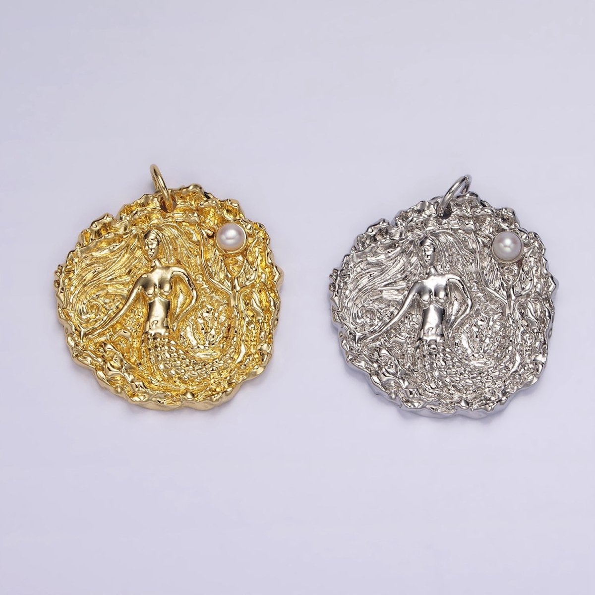 14K Gold Filled Mermaid Ocean Sea Pearl Hammered Round Charm in Silver & Gold | AG152 AG153