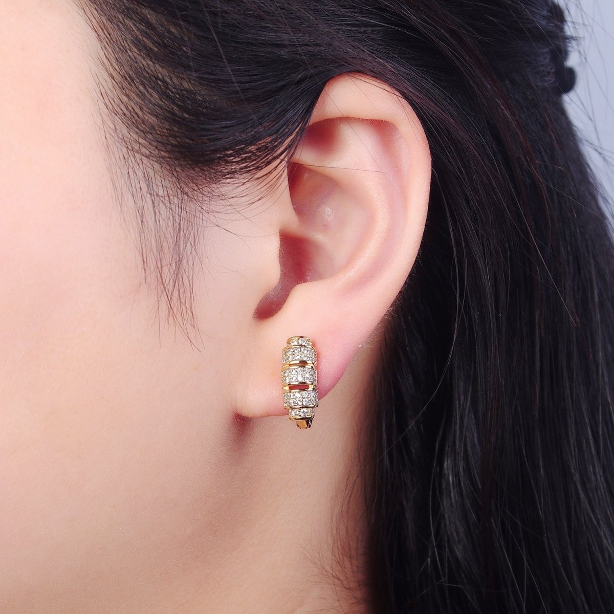 14K Gold Filled Micro Pave Clear Cubic Zirconia Band English Lock Earrings P-379 - DLUXCA