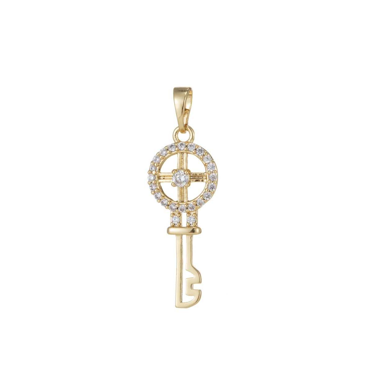 14k Gold Filled Micro Pave CZ Wheel Key Pendant Charm, Micro Pave CZ Key Pendant Charm, Gold Filled Key Pendant, For DIY Jewelry I-550 - DLUXCA