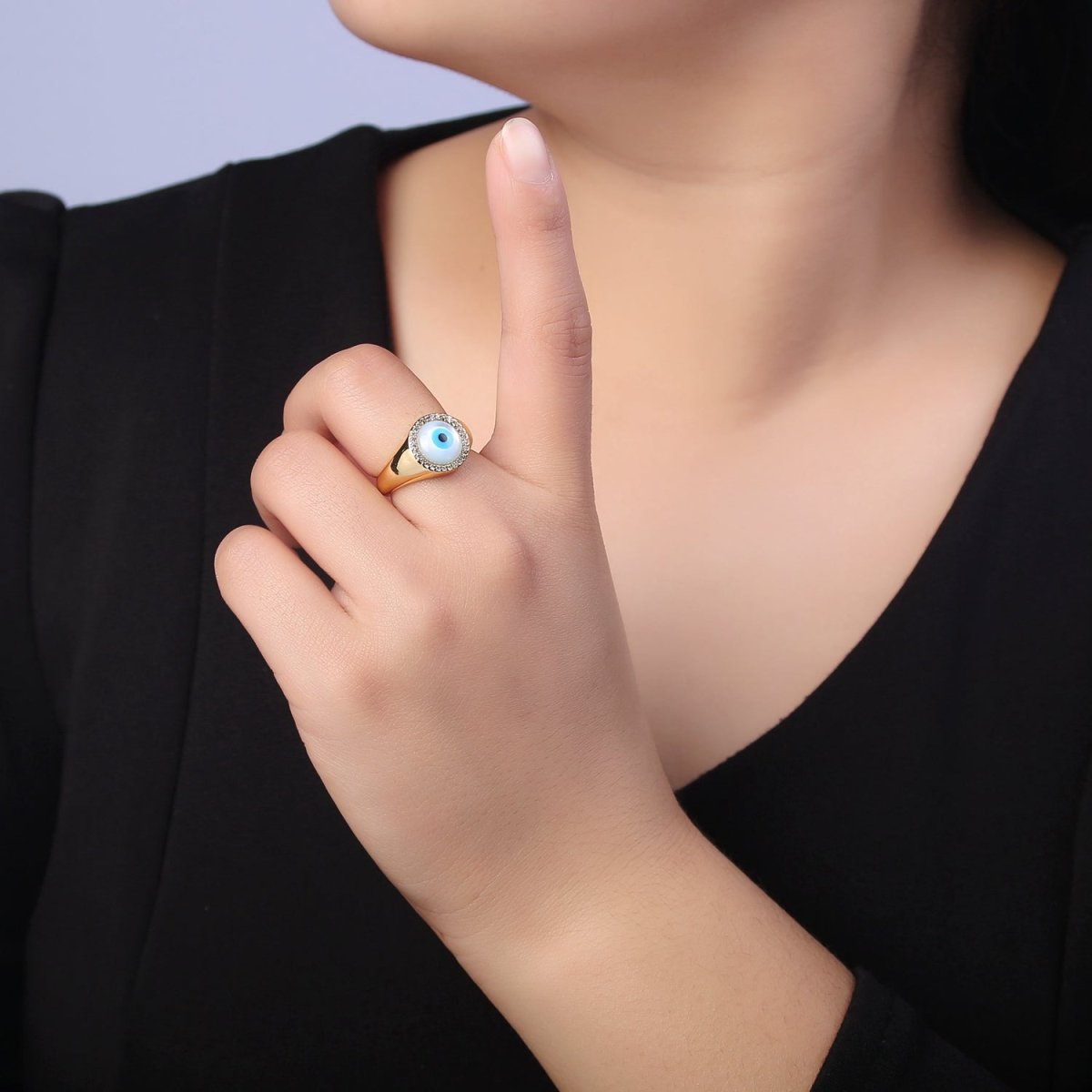 14K Gold Filled Micro Pave Evil Eye Blue Dome Ring Open Adjustable Ring U-474 - DLUXCA