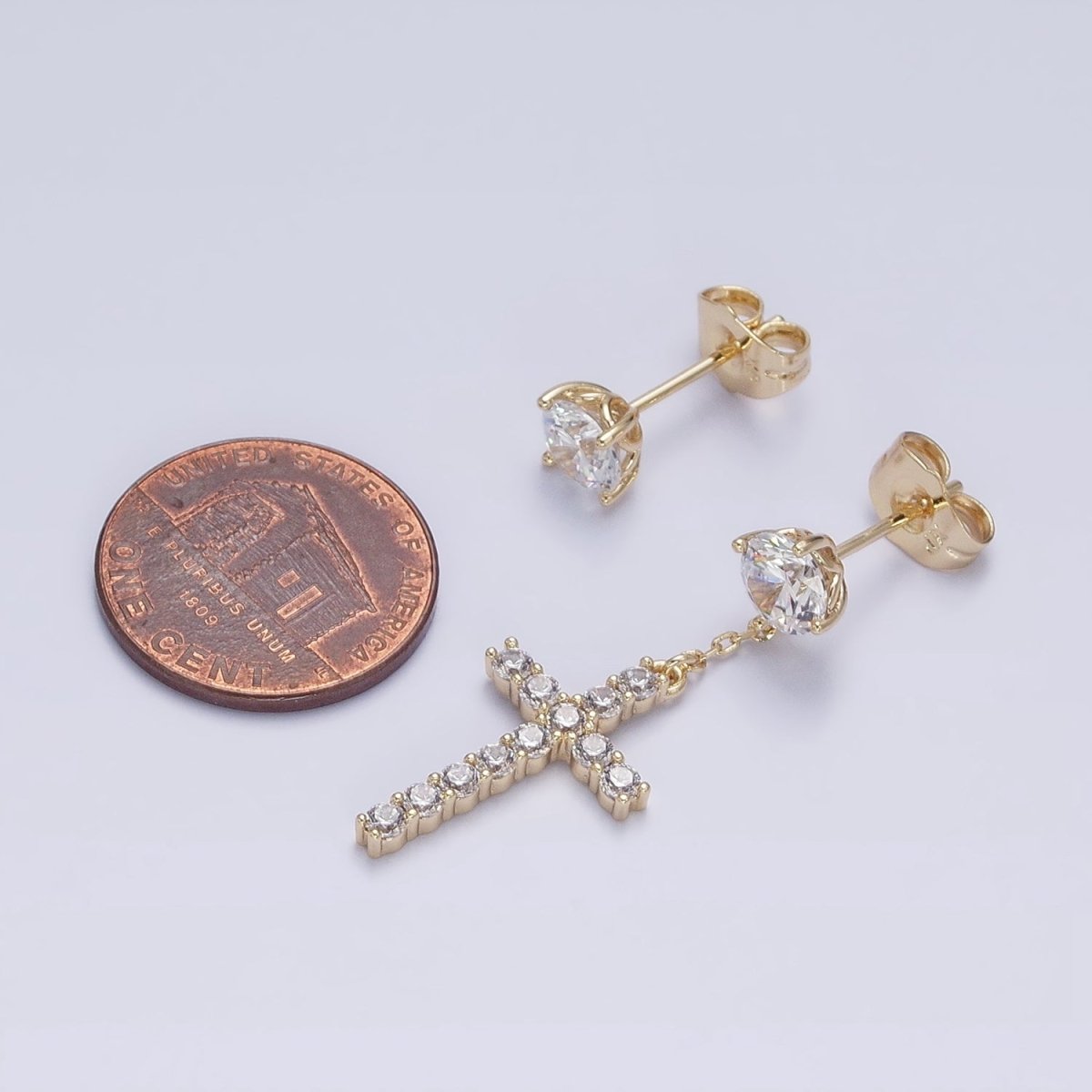 14K Gold Filled Micro Paved Cross Clear CZ Drop Stud Earrings Set in Gold & Silver | AD1380 AD1381