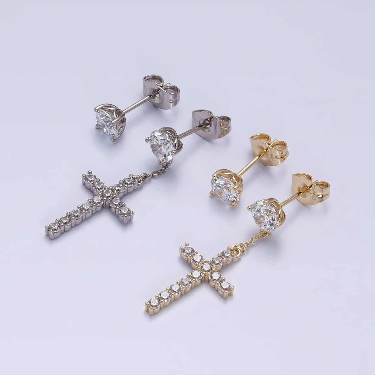 14K Gold Filled Micro Paved Cross Clear CZ Drop Stud Earrings Set in Gold & Silver | AD1380 AD1381