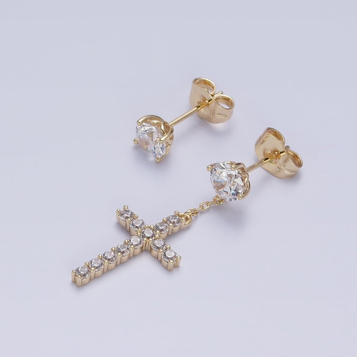 14K Gold Filled Micro Paved Cross Clear CZ Drop Stud Earrings Set in Gold & Silver | AD1380 AD1381