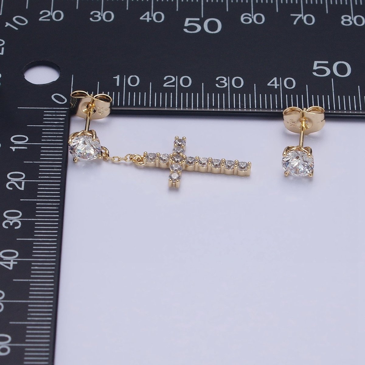 14K Gold Filled Micro Paved Cross Clear CZ Drop Stud Earrings Set in Gold & Silver | AD1380 AD1381