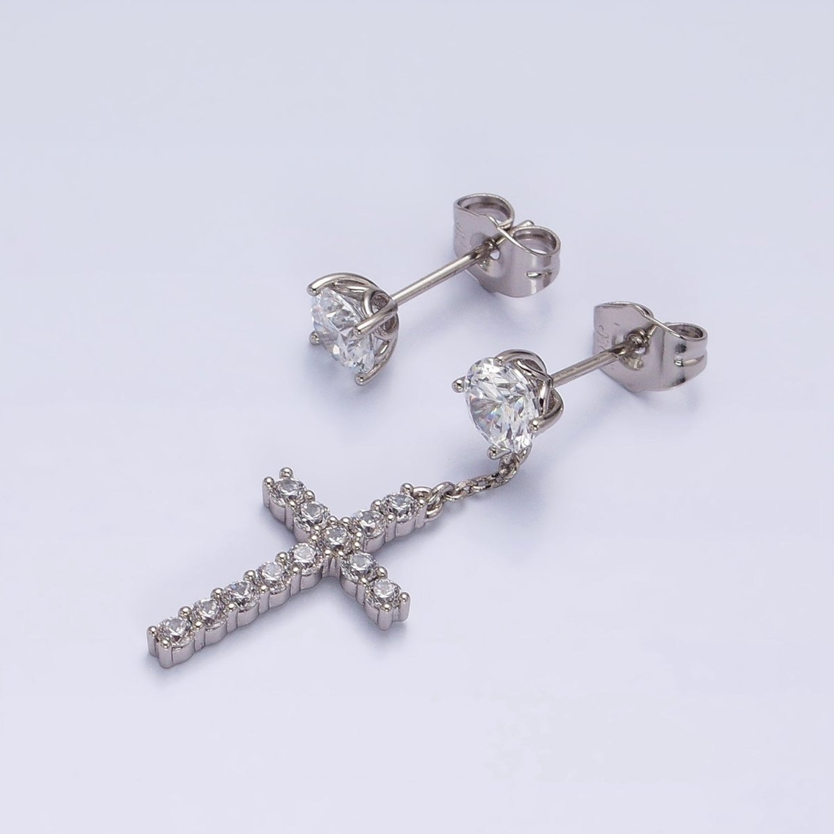 14K Gold Filled Micro Paved Cross Clear CZ Drop Stud Earrings Set in Gold & Silver | AD1380 AD1381