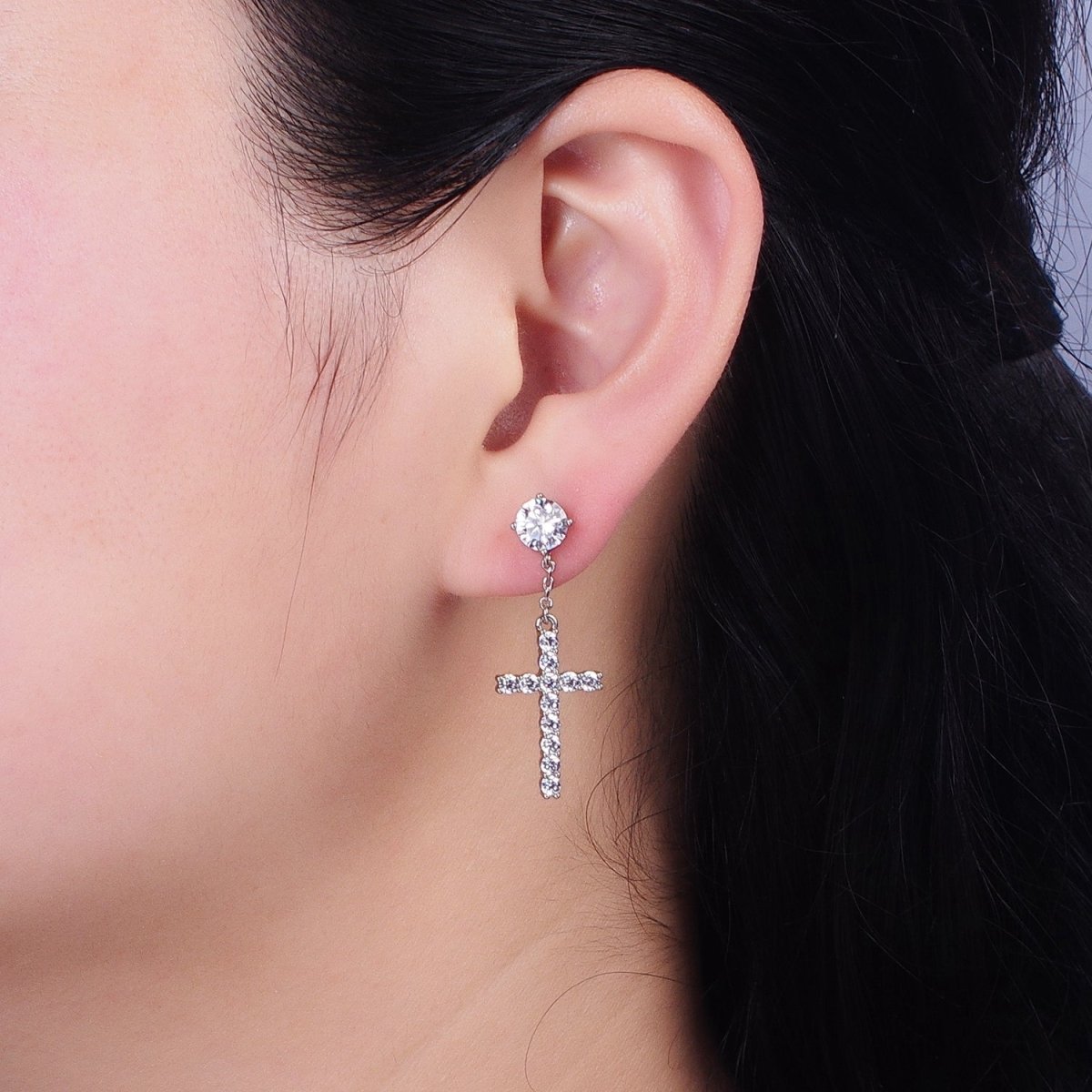 14K Gold Filled Micro Paved Cross Clear CZ Drop Stud Earrings Set in Gold & Silver | AD1380 AD1381