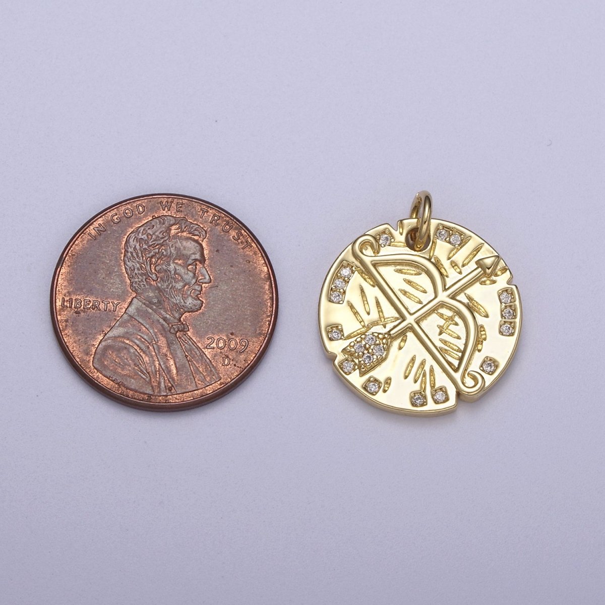 14K Gold Filled Micro Paved CZ Archery Arrow Rustic Coin Charm N-261 - DLUXCA