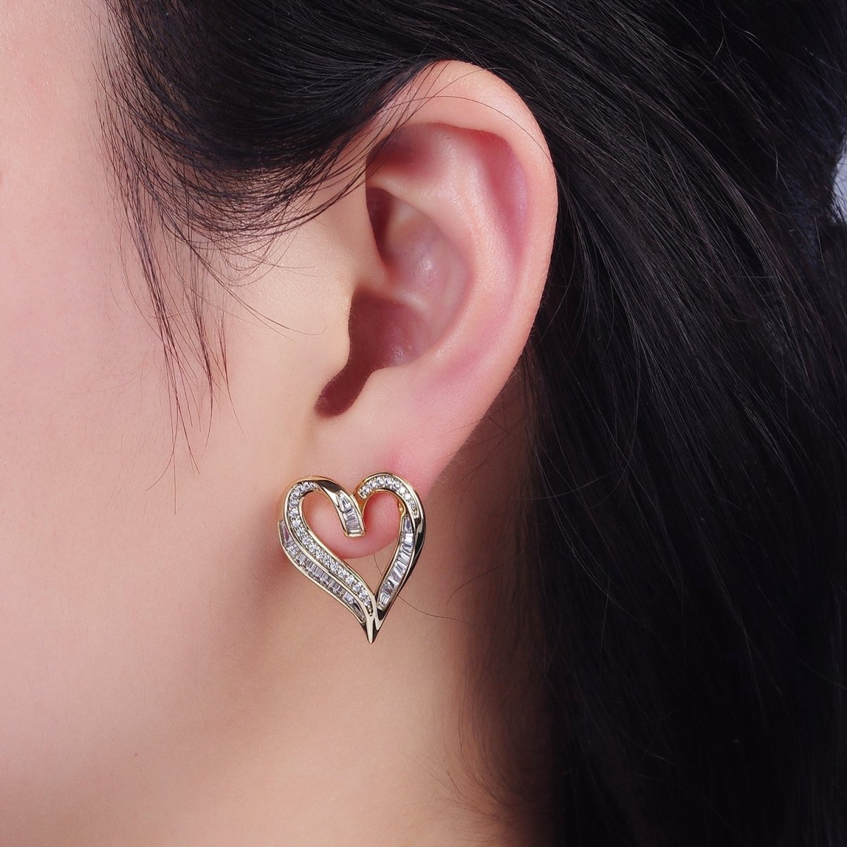 14K Gold Filled Micro Paved CZ Baguette Lined Open Heart Stud Earrings | AE400 - DLUXCA