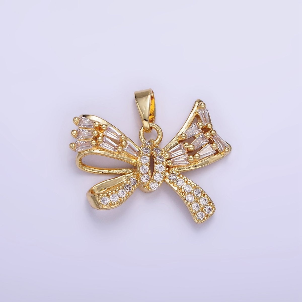 14K Gold Filled Micro Paved CZ Baguette Ribbon Bow Pendant in Gold & Silver | AA1156