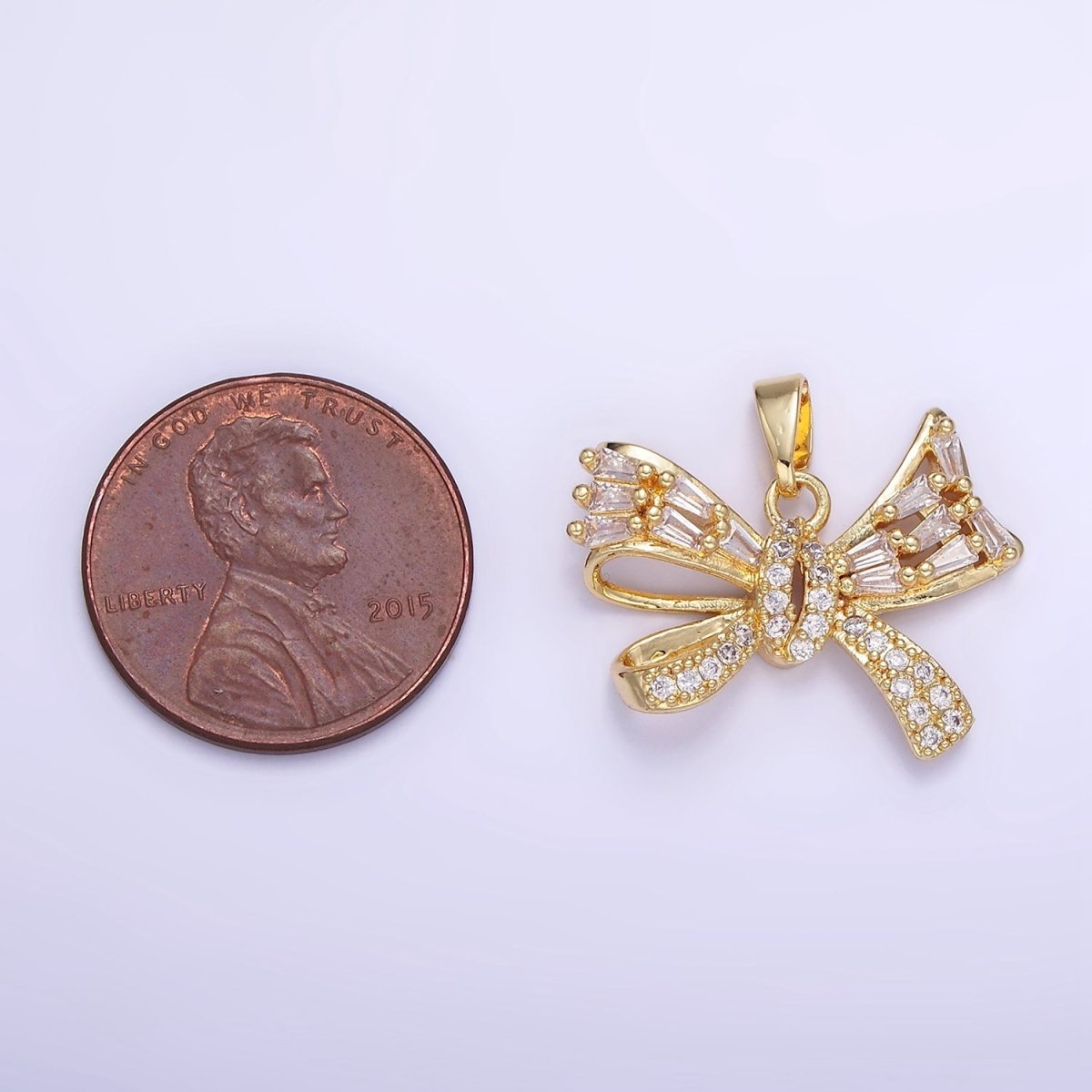 14K Gold Filled Micro Paved CZ Baguette Ribbon Bow Pendant in Gold & Silver | AA1156