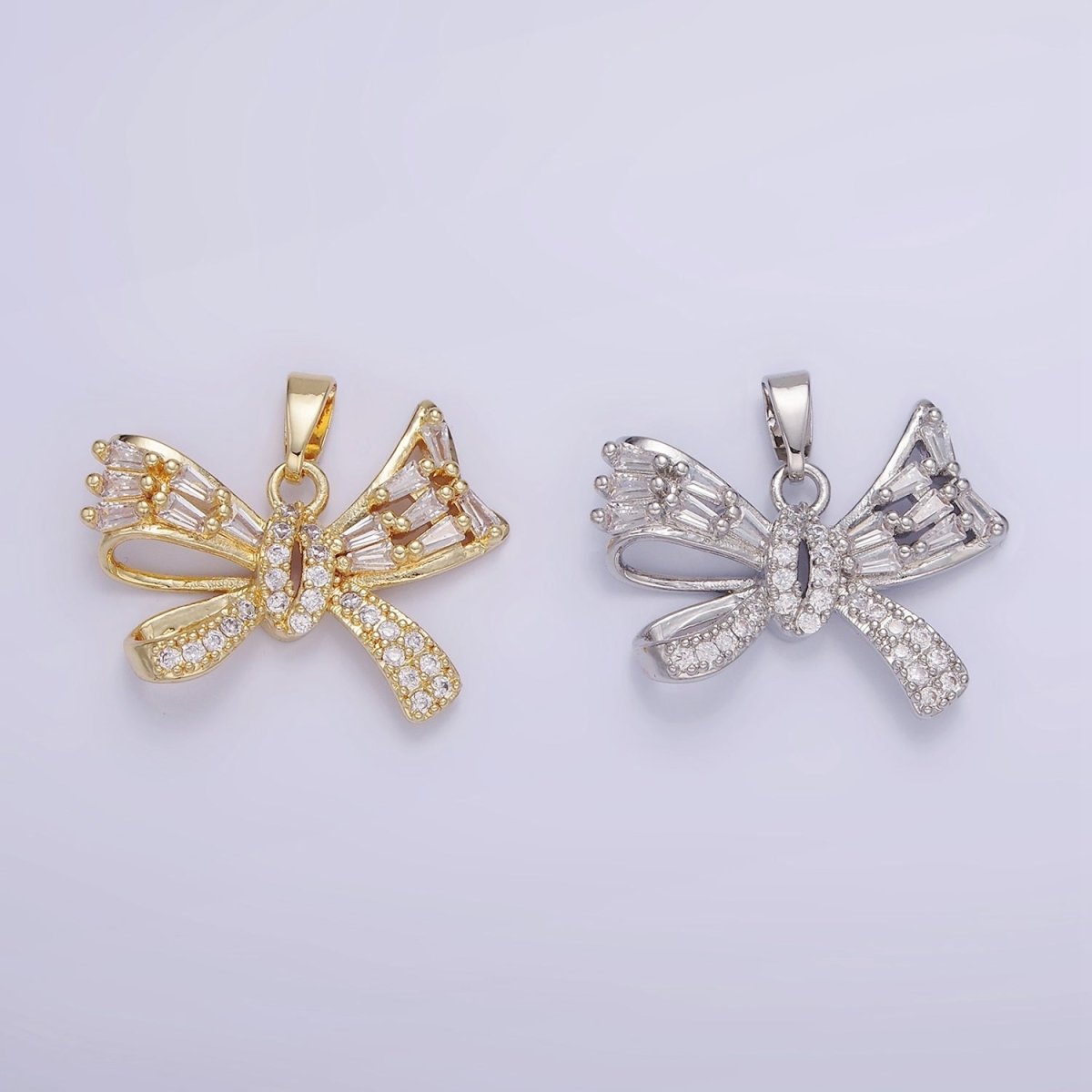 14K Gold Filled Micro Paved CZ Baguette Ribbon Bow Pendant in Gold & Silver | AA1156
