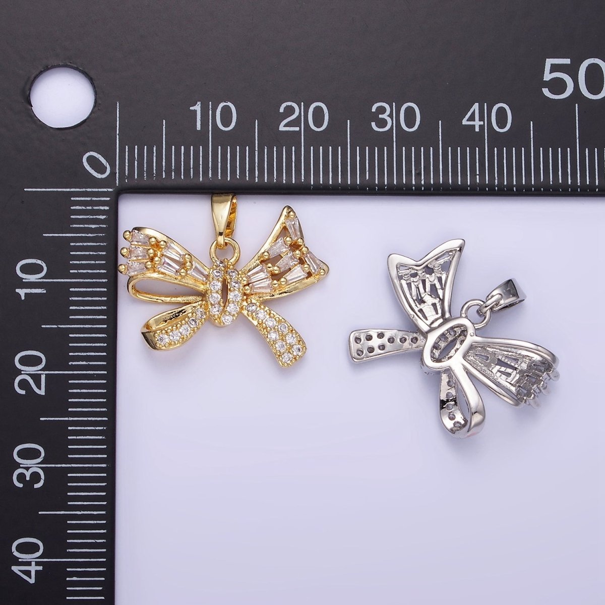 14K Gold Filled Micro Paved CZ Baguette Ribbon Bow Pendant in Gold & Silver | AA1156