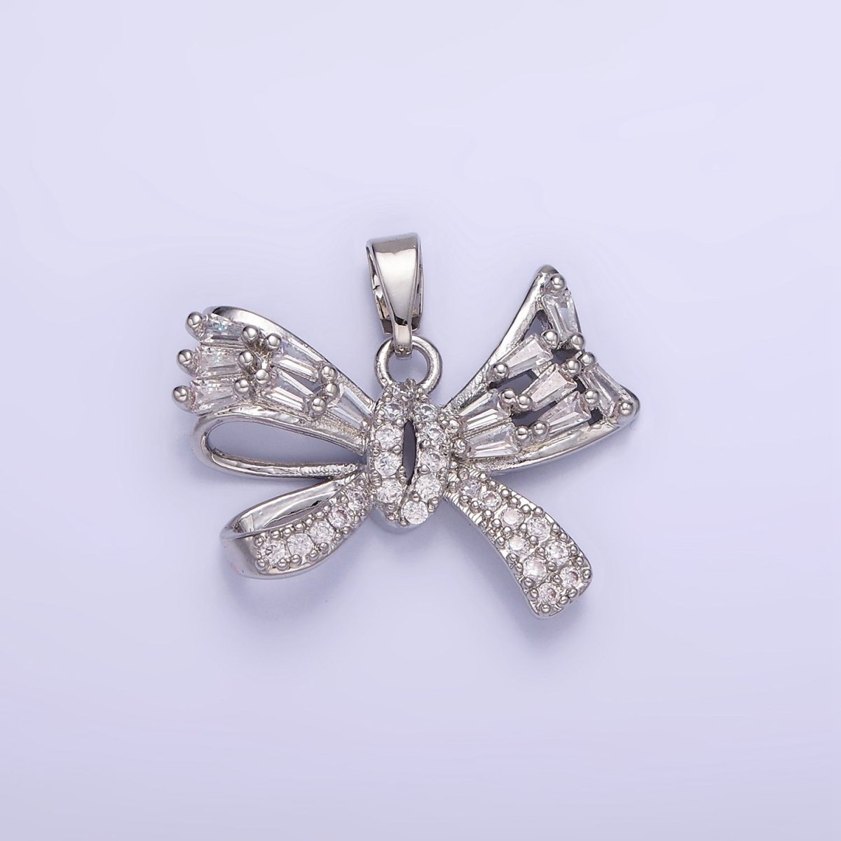 14K Gold Filled Micro Paved CZ Baguette Ribbon Bow Pendant in Gold & Silver | AA1156