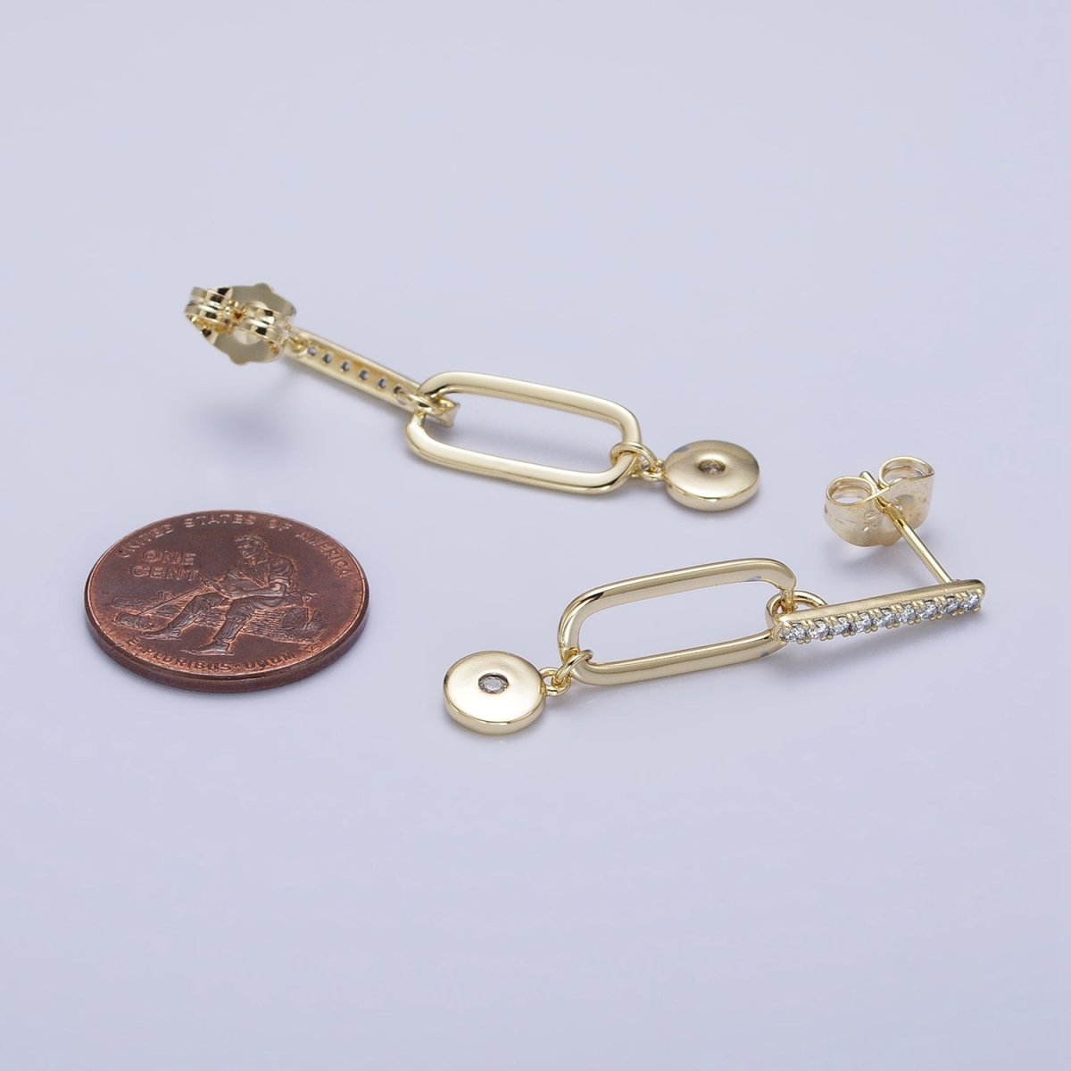 14K Gold Filled Micro Paved CZ Bar Oblong Round Drop Geometric Stud Earrings AD1529 - DLUXCA