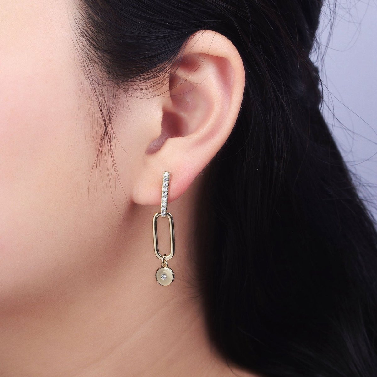 14K Gold Filled Micro Paved CZ Bar Oblong Round Drop Geometric Stud Earrings AD1529 - DLUXCA