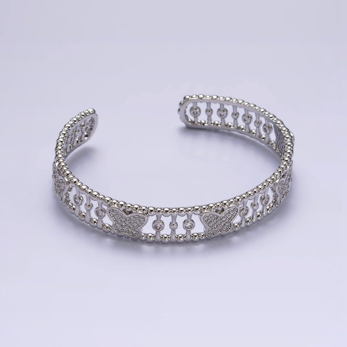 14K Gold Filled Micro Paved CZ Butterfly Triple Band Beaded Bubble Cuff Bracelet in Gold & Silver | WA-1935 WA-1936 Clearance Pricing