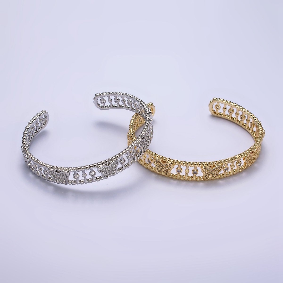 14K Gold Filled Micro Paved CZ Butterfly Triple Band Beaded Bubble Cuff Bracelet in Gold & Silver | WA-1935 WA-1936 Clearance Pricing
