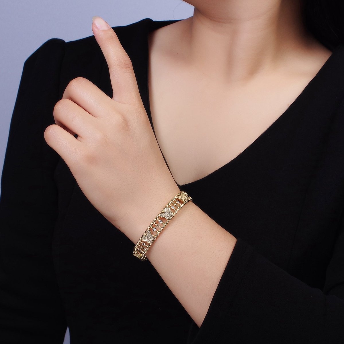 14K Gold Filled Micro Paved CZ Butterfly Triple Band Beaded Bubble Cuff Bracelet in Gold & Silver | WA-1935 WA-1936 Clearance Pricing