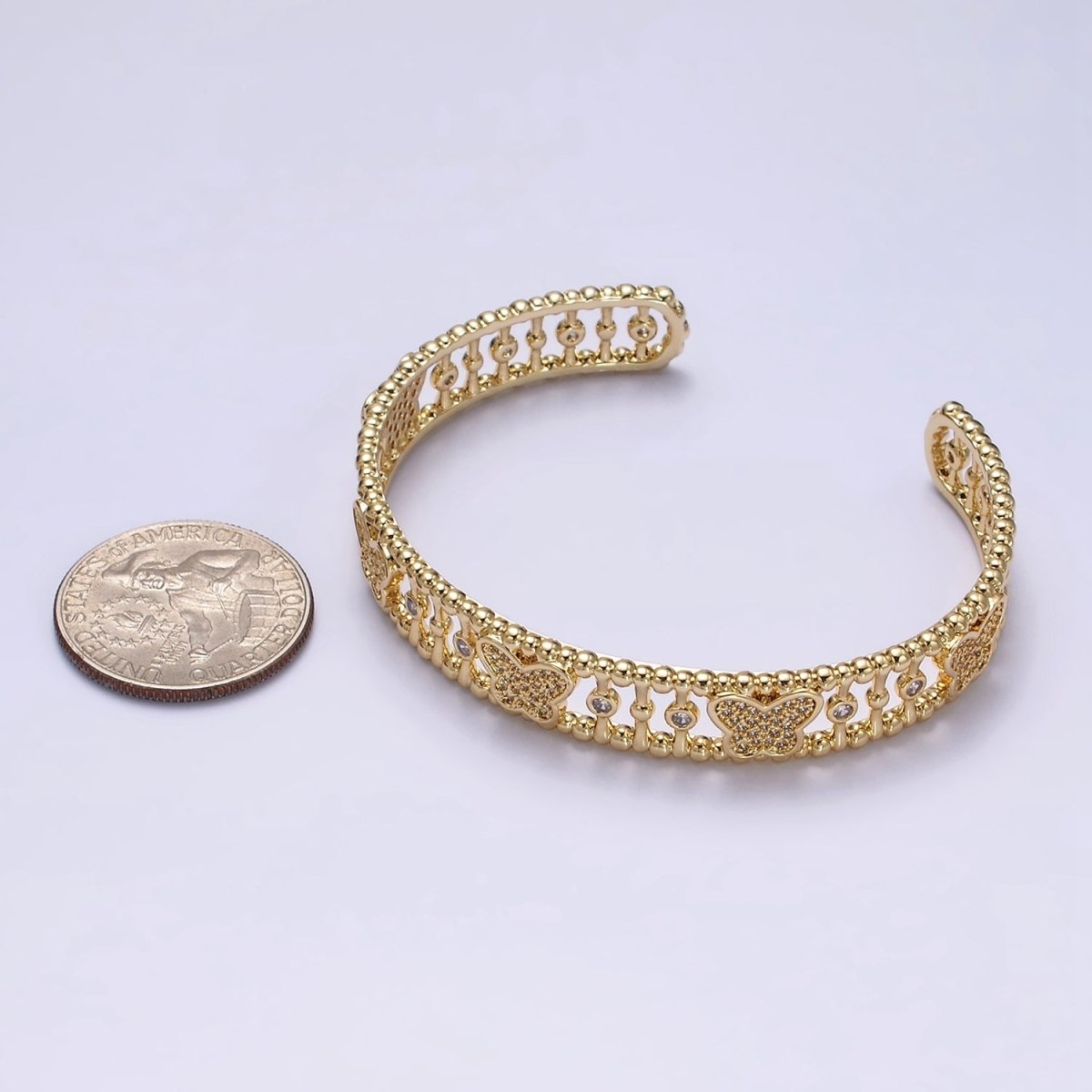 14K Gold Filled Micro Paved CZ Butterfly Triple Band Beaded Bubble Cuff Bracelet in Gold & Silver | WA-1935 WA-1936 Clearance Pricing