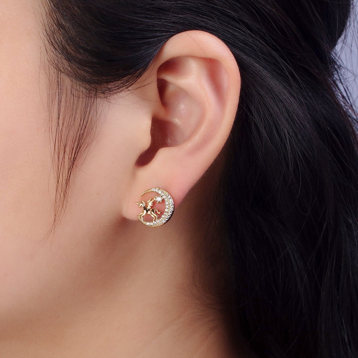 14K Gold Filled Micro Paved CZ Celestial Crescent Moon Pegasus Stud Earrings | AB327 - DLUXCA