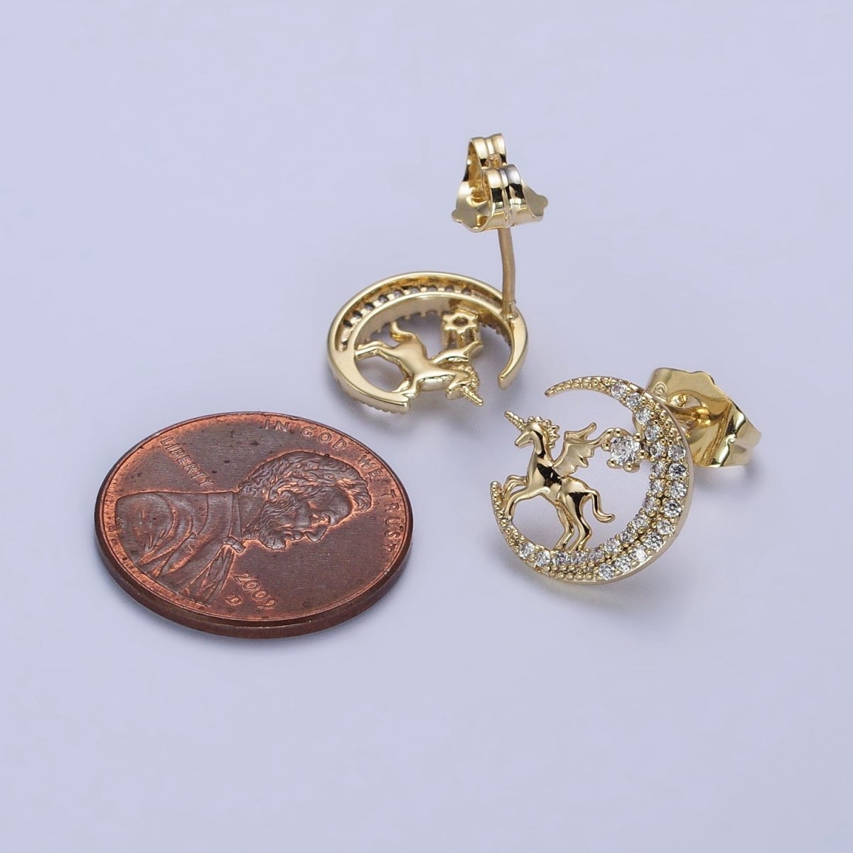 14K Gold Filled Micro Paved CZ Celestial Crescent Moon Pegasus Stud Earrings | AB327 - DLUXCA
