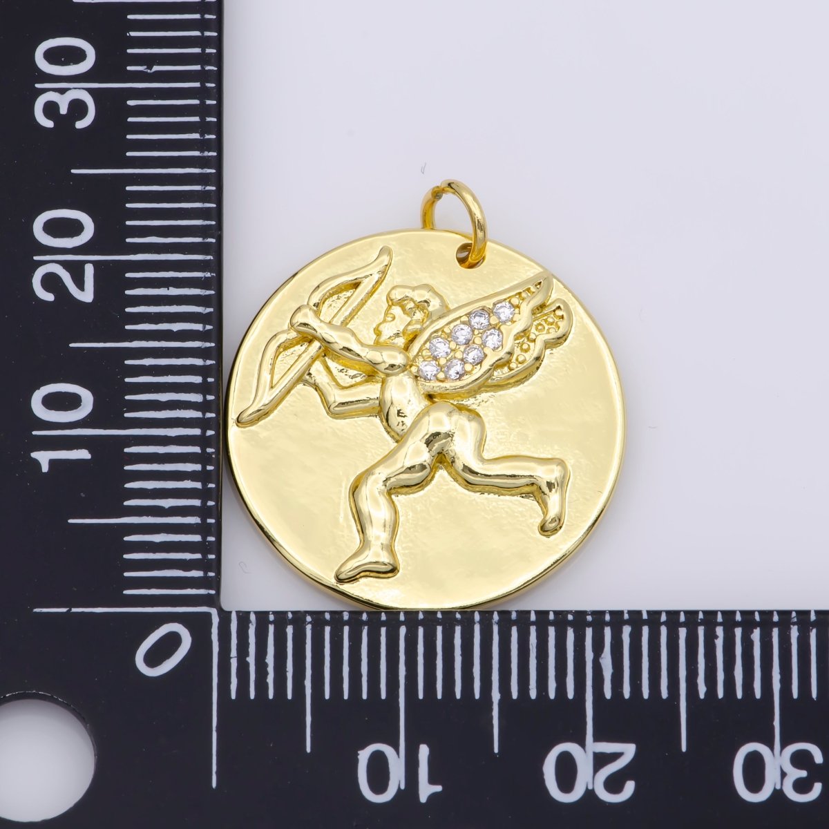 14K Gold Filled Micro Paved CZ Cupid Angel Coin Charm M-485 - DLUXCA