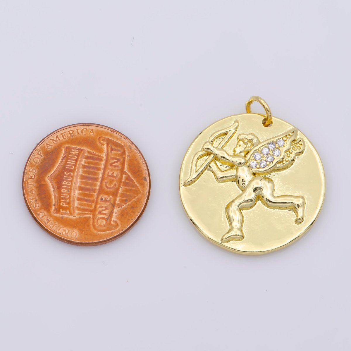 14K Gold Filled Micro Paved CZ Cupid Angel Coin Charm M-485 - DLUXCA