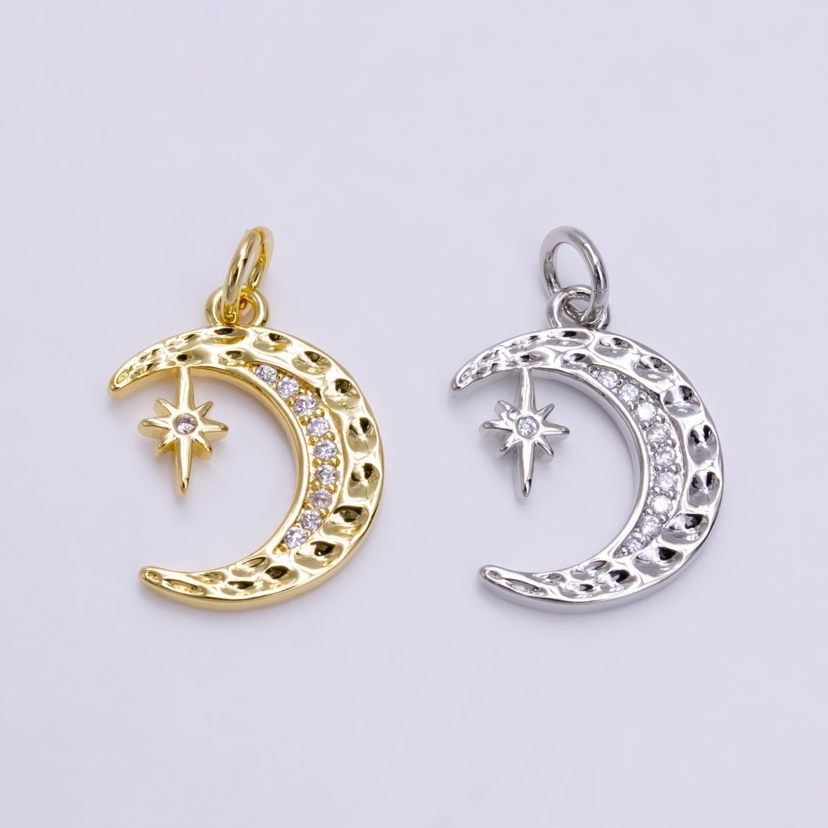 14K Gold Filled Micro Paved CZ Dented Celestial Crescent Moon Star Charm in Gold & Silver | AG491 AG492