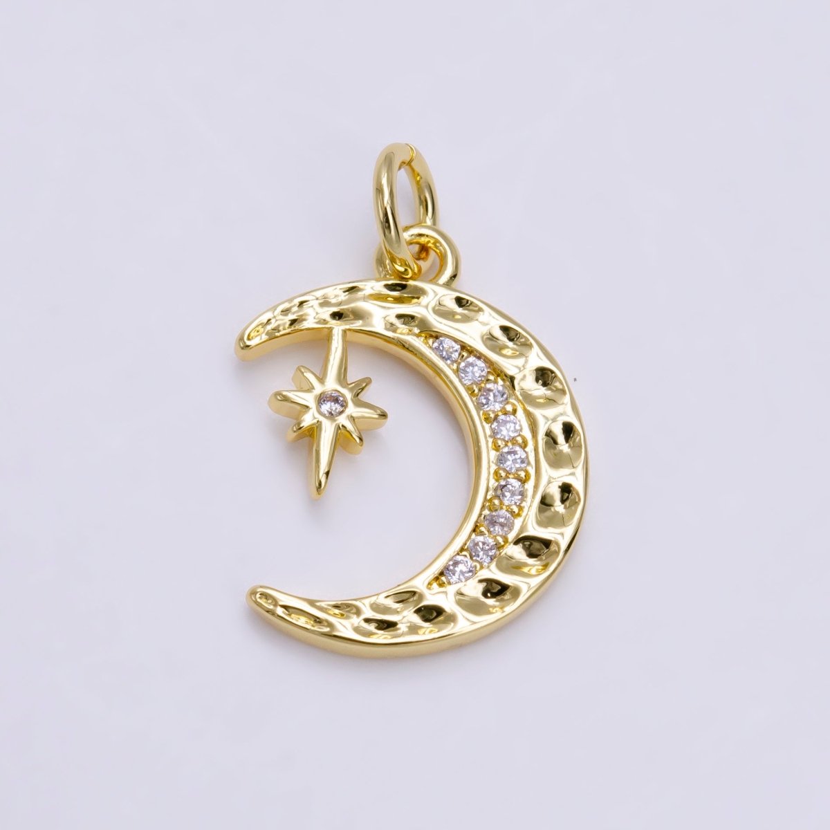 14K Gold Filled Micro Paved CZ Dented Celestial Crescent Moon Star Charm in Gold & Silver | AG491 AG492