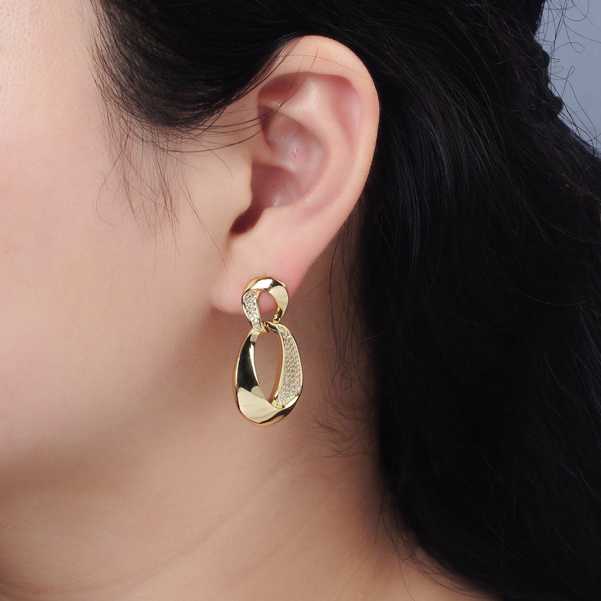 14K Gold Filled Micro Paved CZ Double Curved Band Drop Stud Earrings in Gold | AE416