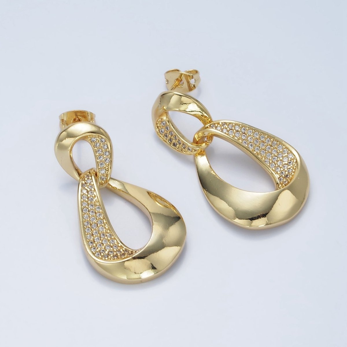 14K Gold Filled Micro Paved CZ Double Curved Band Drop Stud Earrings in Gold | AE416