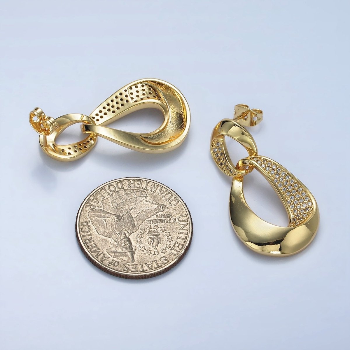 14K Gold Filled Micro Paved CZ Double Curved Band Drop Stud Earrings in Gold | AE416