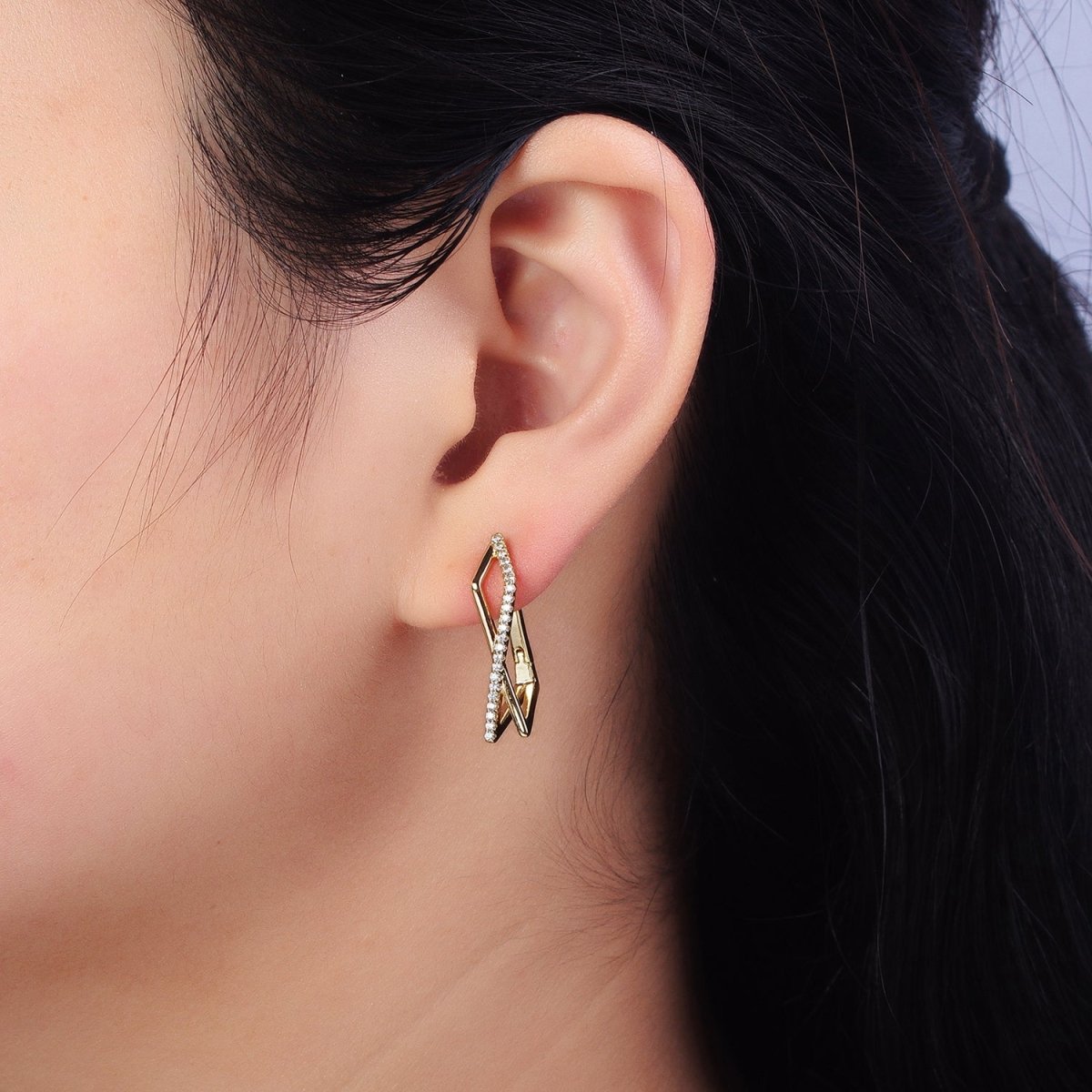 14K Gold Filled Micro Paved CZ Double Rectangular Geometric Hinge Hoop | AB238 - DLUXCA