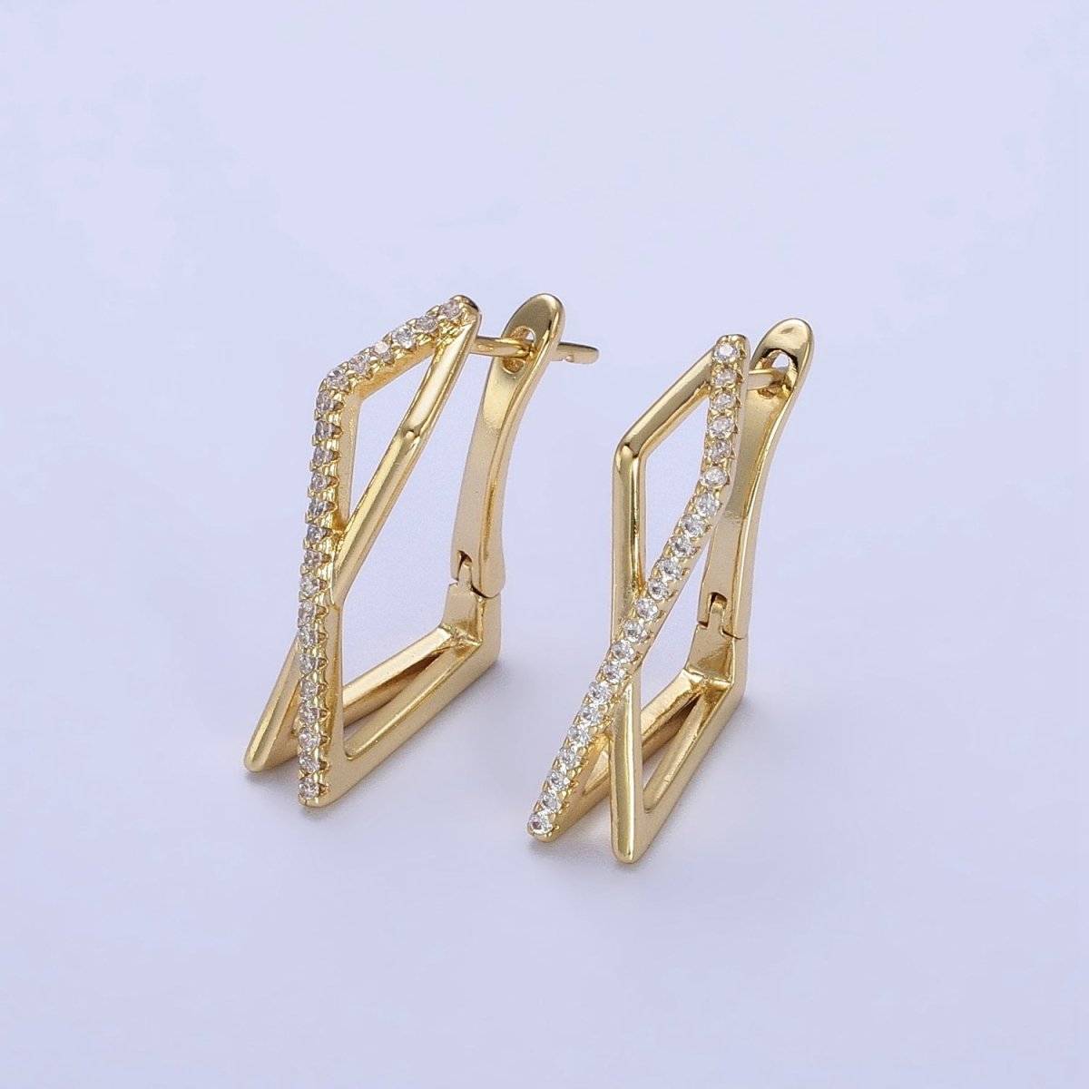 14K Gold Filled Micro Paved CZ Double Rectangular Geometric Hinge Hoop | AB238 - DLUXCA