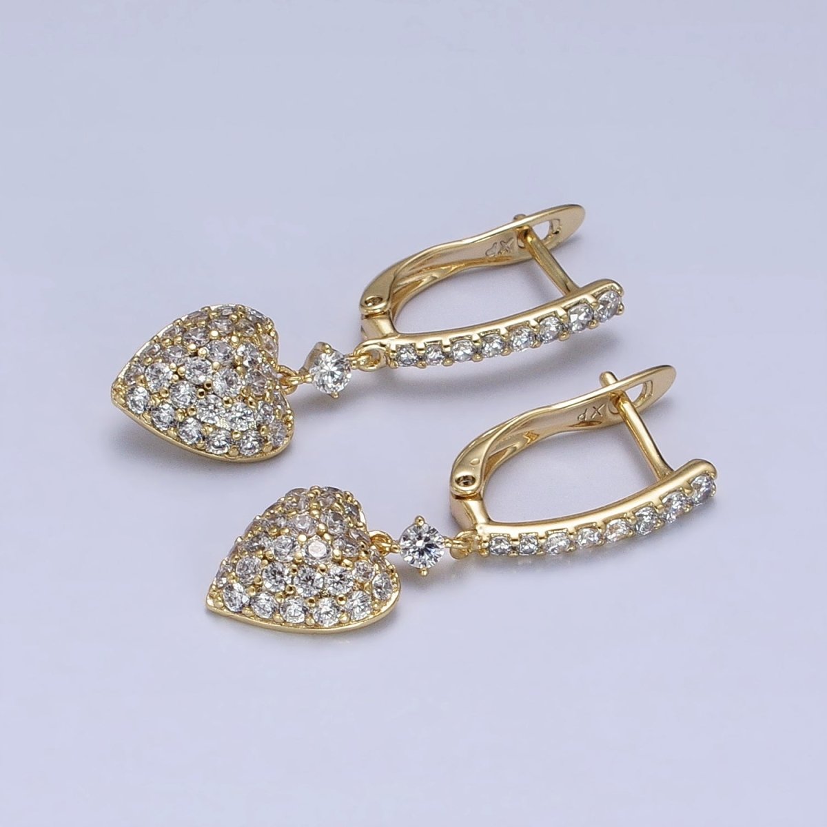 14K Gold Filled Micro Paved CZ Heart Drop English Lock Earrings | AD1440 - DLUXCA