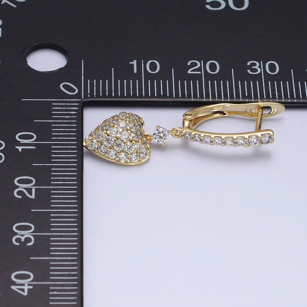 14K Gold Filled Micro Paved CZ Heart Drop English Lock Earrings | AD1440 - DLUXCA