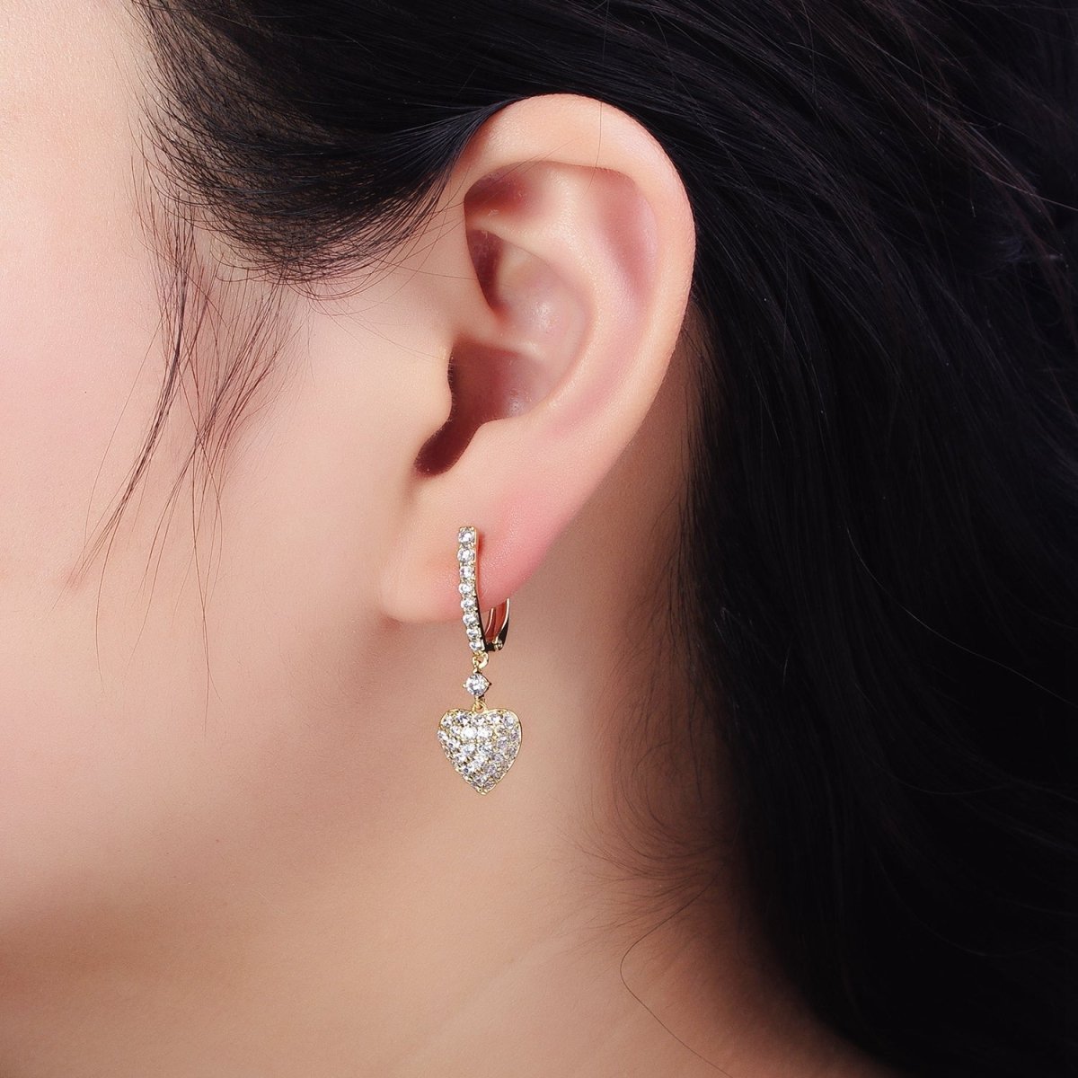 14K Gold Filled Micro Paved CZ Heart Drop English Lock Earrings | AD1440 - DLUXCA
