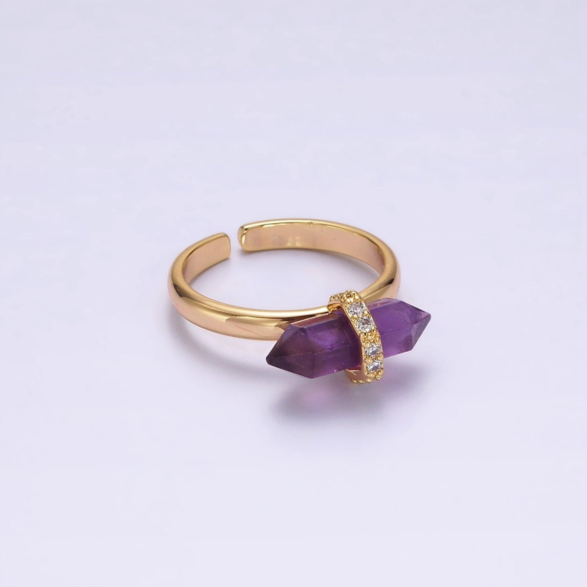 14K Gold Filled Micro Paved CZ Pointed Wand Citrine, Rose Quartz, Aquamarine, Amazonite, Howlite, Amethyst, Labradorite, Onyx Ring | O1035 - O1042