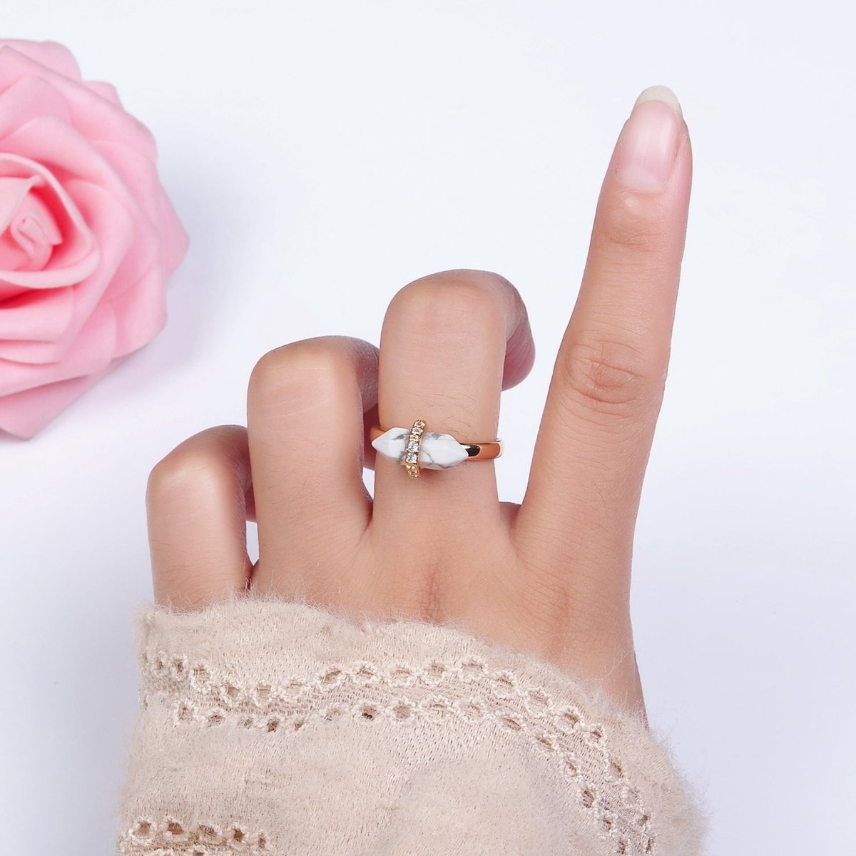 14K Gold Filled Micro Paved CZ Pointed Wand Citrine, Rose Quartz, Aquamarine, Amazonite, Howlite, Amethyst, Labradorite, Onyx Ring | O1035 - O1042
