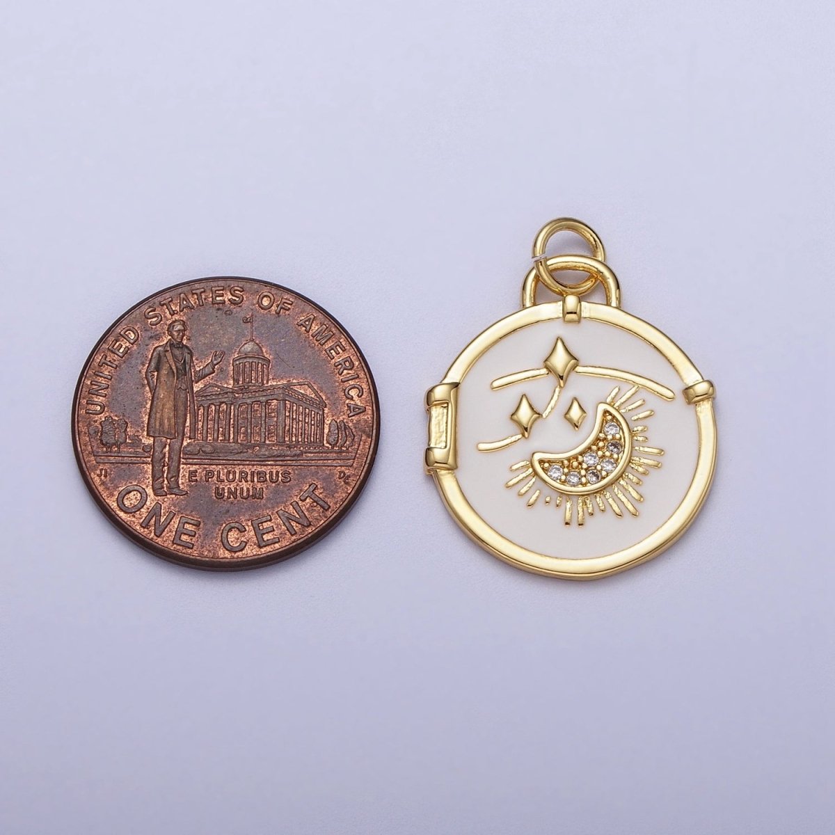 14K Gold Filled Micro Paved CZ Sun Crescent Moon Shooting Star White Enamel Celestial Charm E-696 - DLUXCA