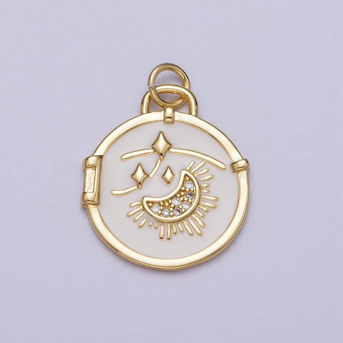 14K Gold Filled Micro Paved CZ Sun Crescent Moon Shooting Star White Enamel Celestial Charm E-696 - DLUXCA