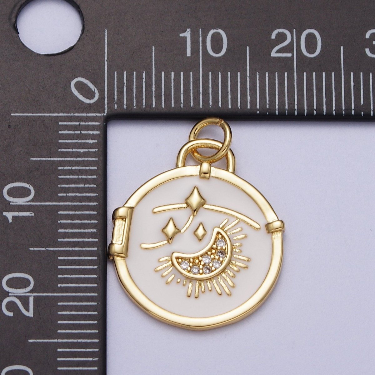 14K Gold Filled Micro Paved CZ Sun Crescent Moon Shooting Star White Enamel Celestial Charm E-696 - DLUXCA