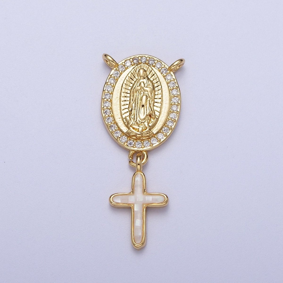 14K Gold Filled Micro Paved Lady Guadalupe Religious Cross Opal Drop Rosary Connector | Y-630~Y-634