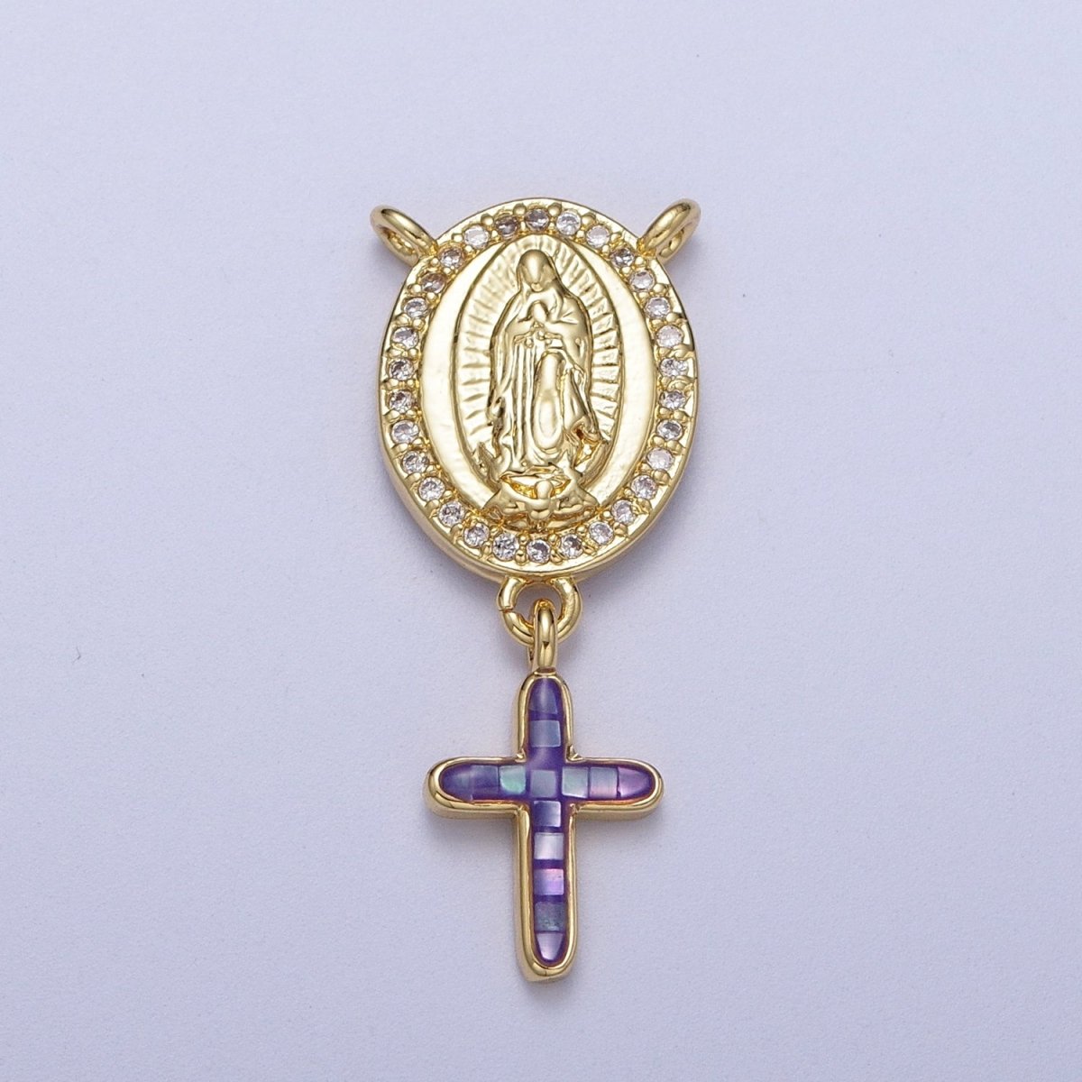 14K Gold Filled Micro Paved Lady Guadalupe Religious Cross Opal Drop Rosary Connector | Y-630~Y-634