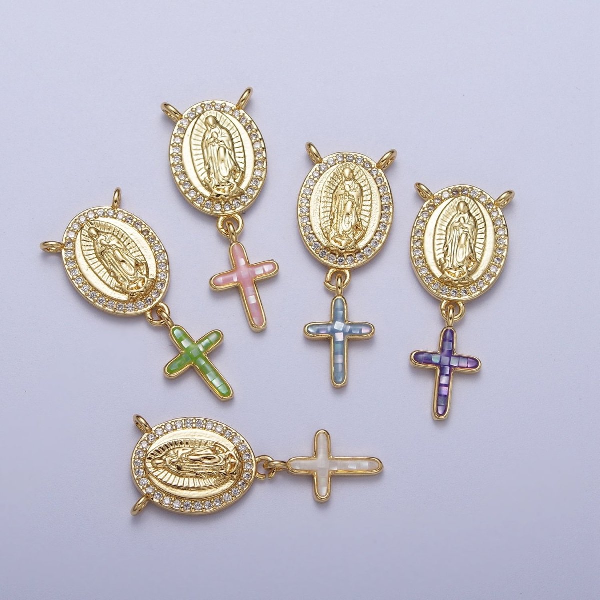 14K Gold Filled Micro Paved Lady Guadalupe Religious Cross Opal Drop Rosary Connector | Y-630~Y-634