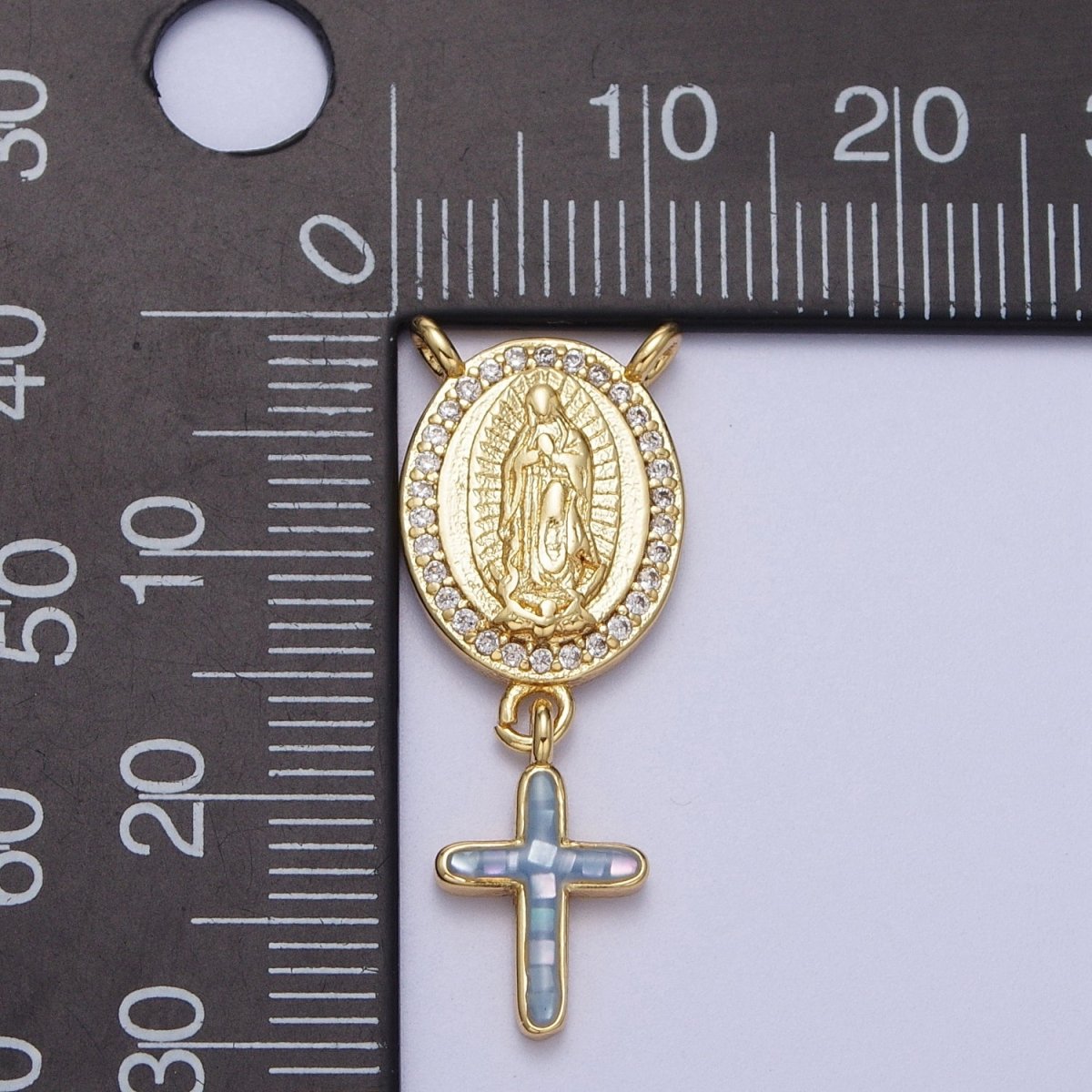 14K Gold Filled Micro Paved Lady Guadalupe Religious Cross Opal Drop Rosary Connector | Y-630~Y-634