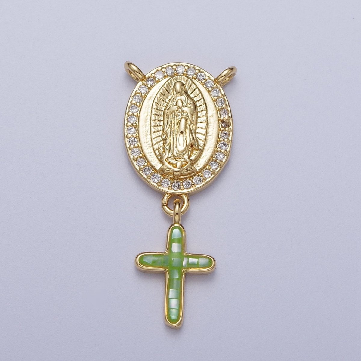 14K Gold Filled Micro Paved Lady Guadalupe Religious Cross Opal Drop Rosary Connector | Y-630~Y-634